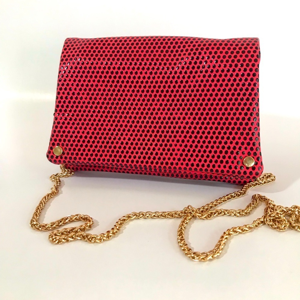 Bright Coral and Black Faux Patent Crossbody Purse